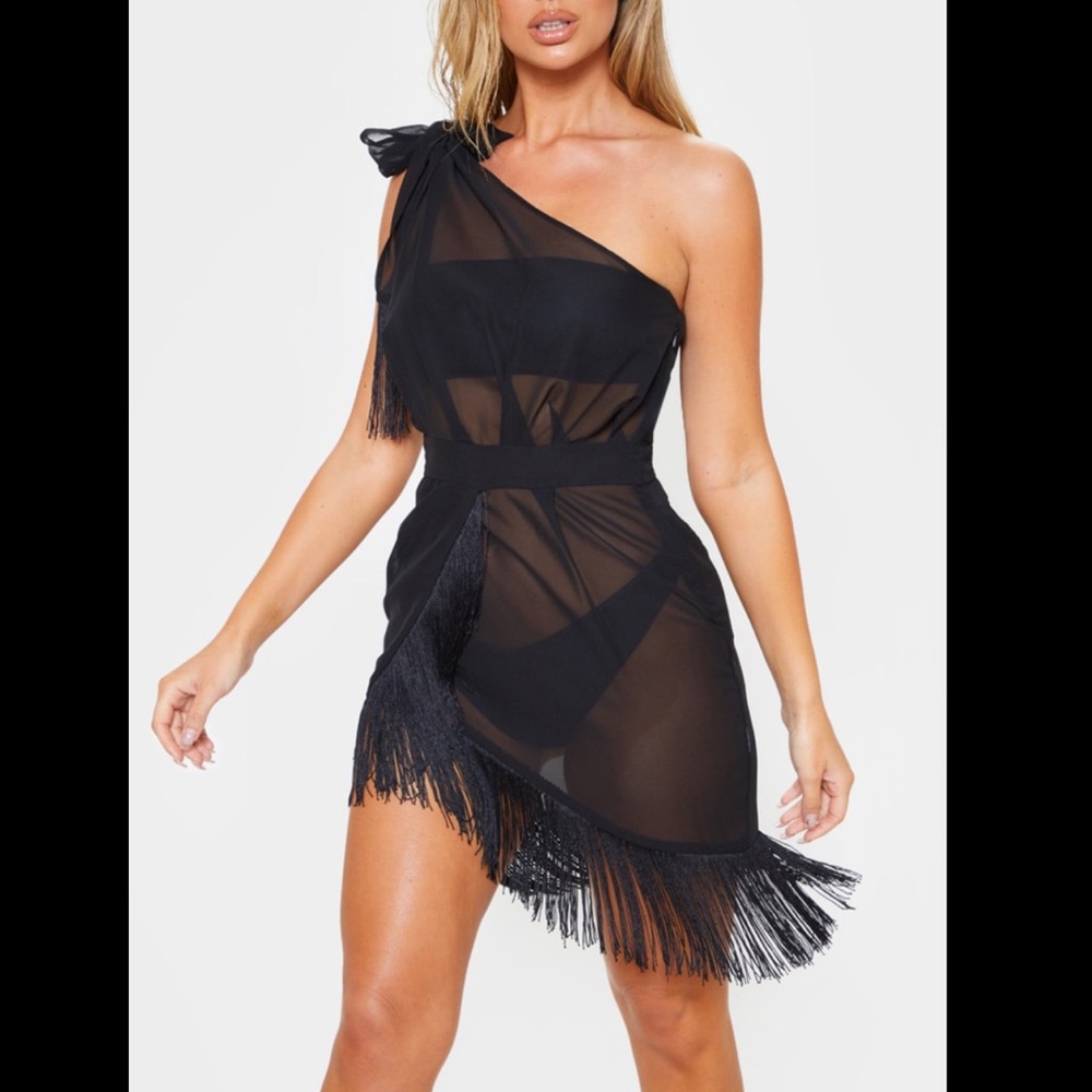 Black Asymmetric Fringe Beach Dress
